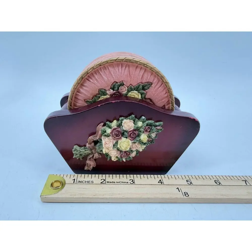 Chinese Stone Floral Rose Drink Coasters with Wooden Holder Burgundy Pink